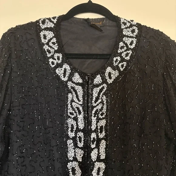 Landmark 100% Silk Hand-Beaded Evening Jacket – Black & White Medium/Large - Picture 2 of 10